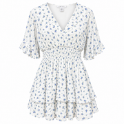 AMISU women's white and blue floral tiered mini dress with V-neck, ruffle sleeves and smocked waist – front view.