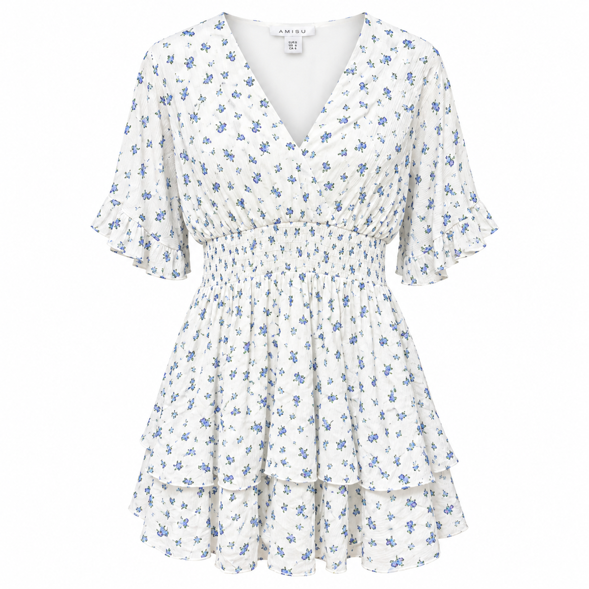 AMISU women's white and blue floral tiered mini dress with V-neck, ruffle sleeves and smocked waist – front view.