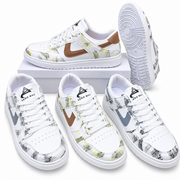Men's Aero Max white low-top sneakers with blue abstract print and lace-up closure