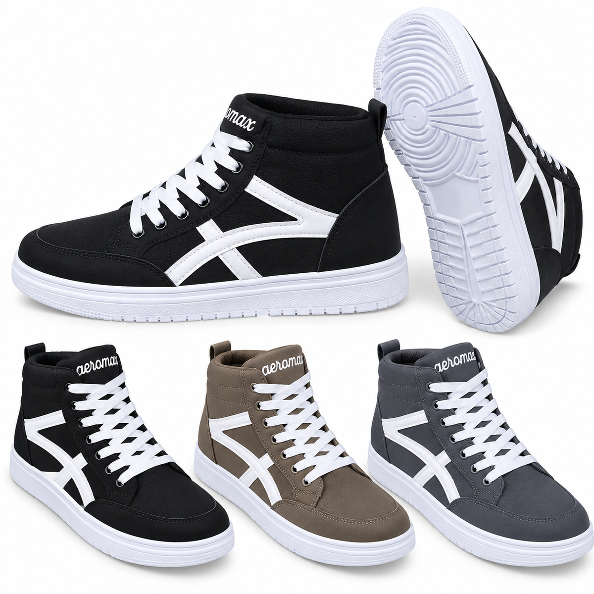 A set of five high-top sneakers shown on a plain white background, including three in black, one in brown, and one in gray. Each shoe features a white side stripe design, white laces, and a white sole.