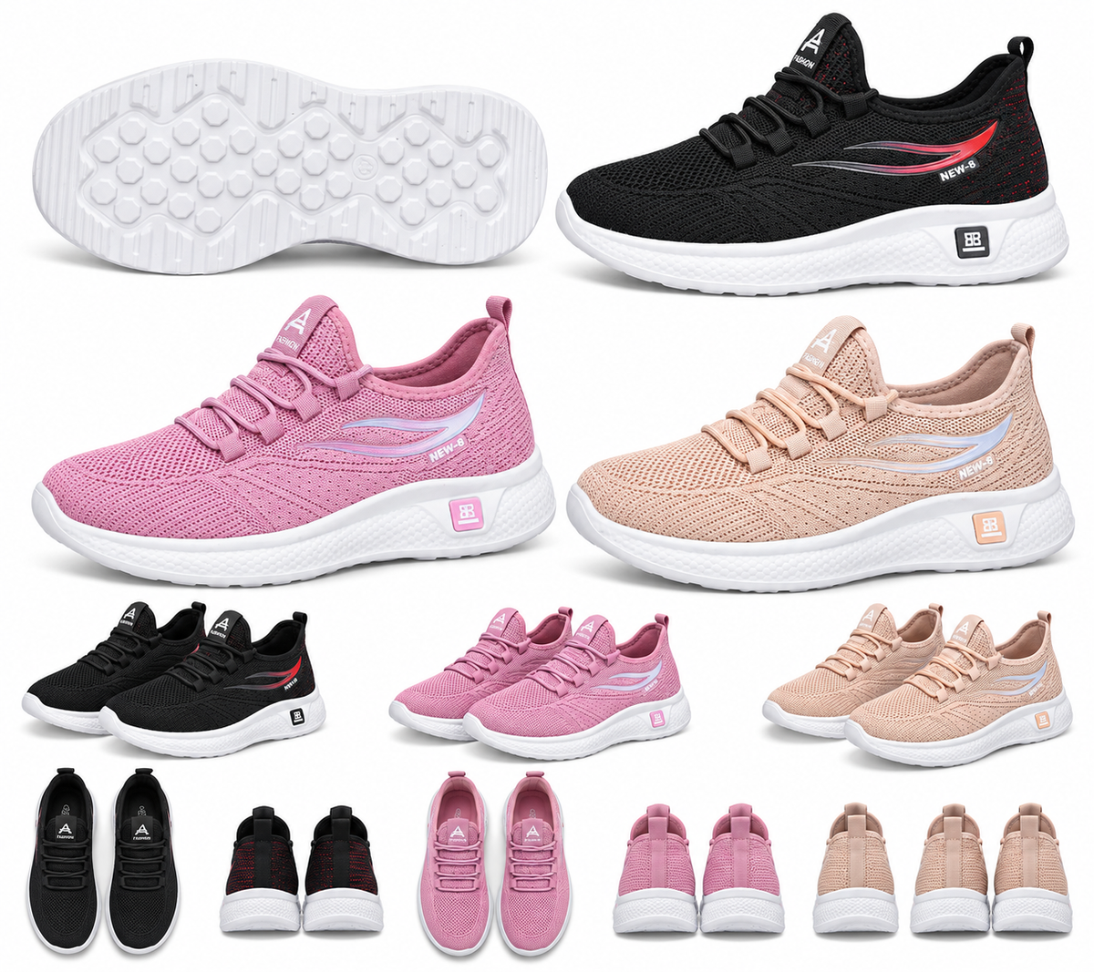 A collage showing multiple pairs of lightweight athletic sneakers in different colors, including black with red accents, pink, and beige. The collage includes close-up views of the soles, side profiles, and small quantity thumbnails at the bottom on a plain white background.