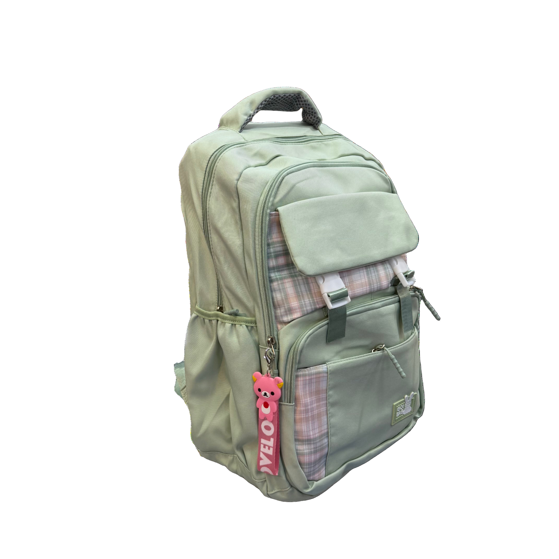 Light green backpack with a pink bear plushie on a white background