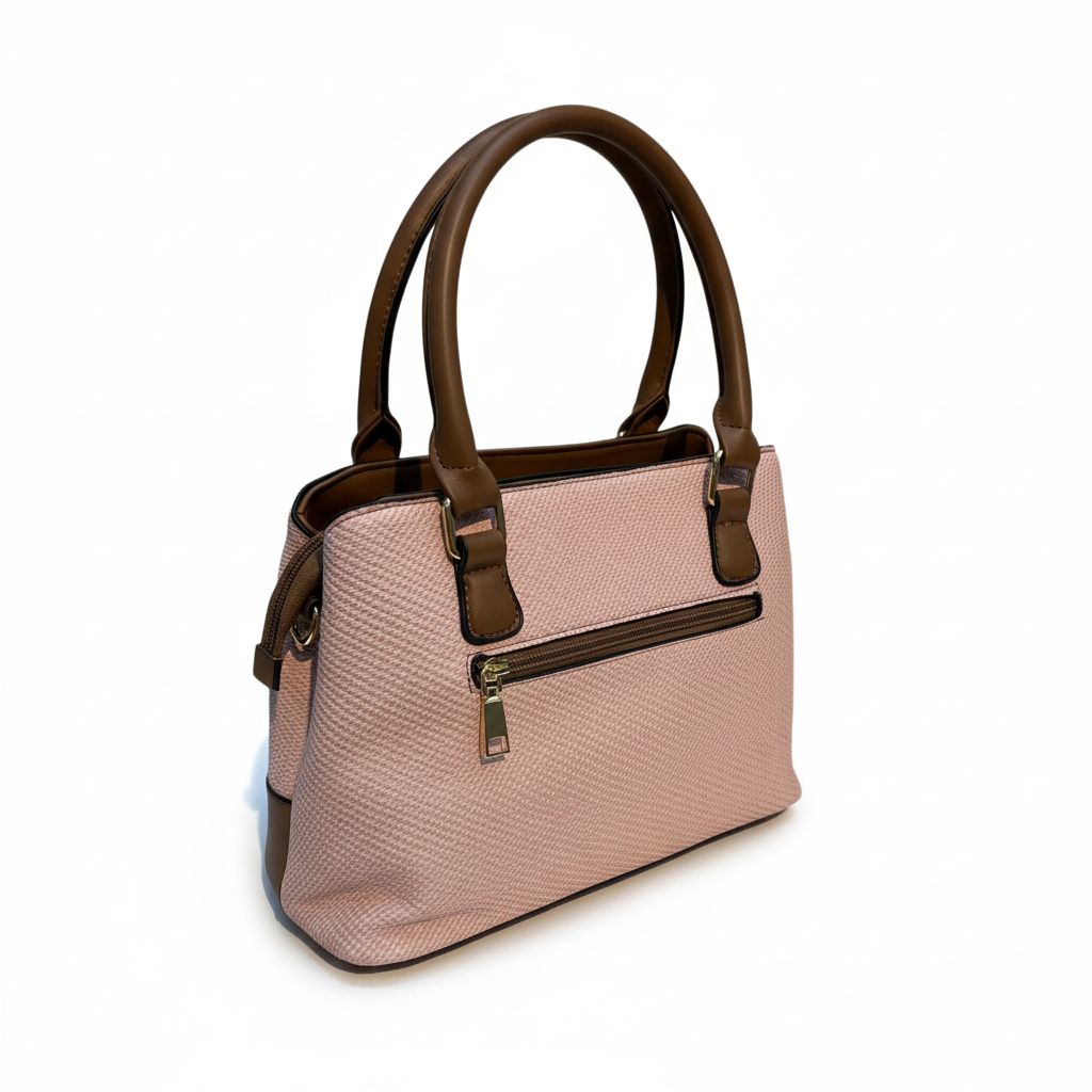 Pink handbag with brown accents on a white background