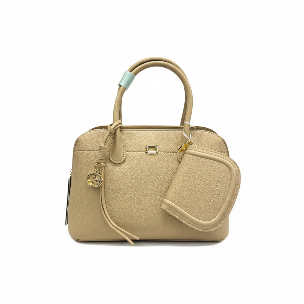 Beige handbag with a heart-shaped pouch on a white background