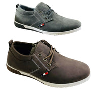 Three pairs of men's casual shoes in black, gray, and brown on a white background.