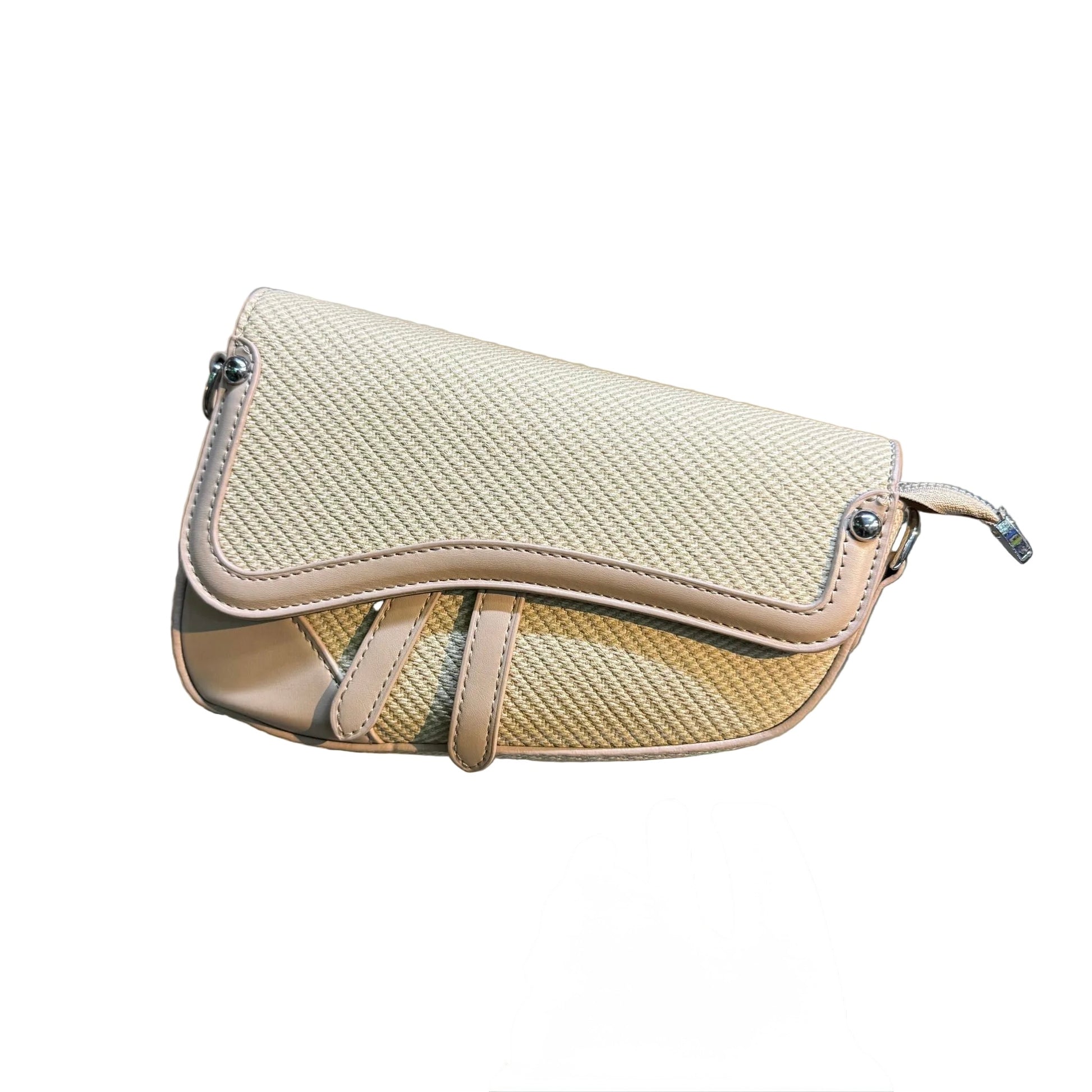 Beige handbag with a textured surface on a white background