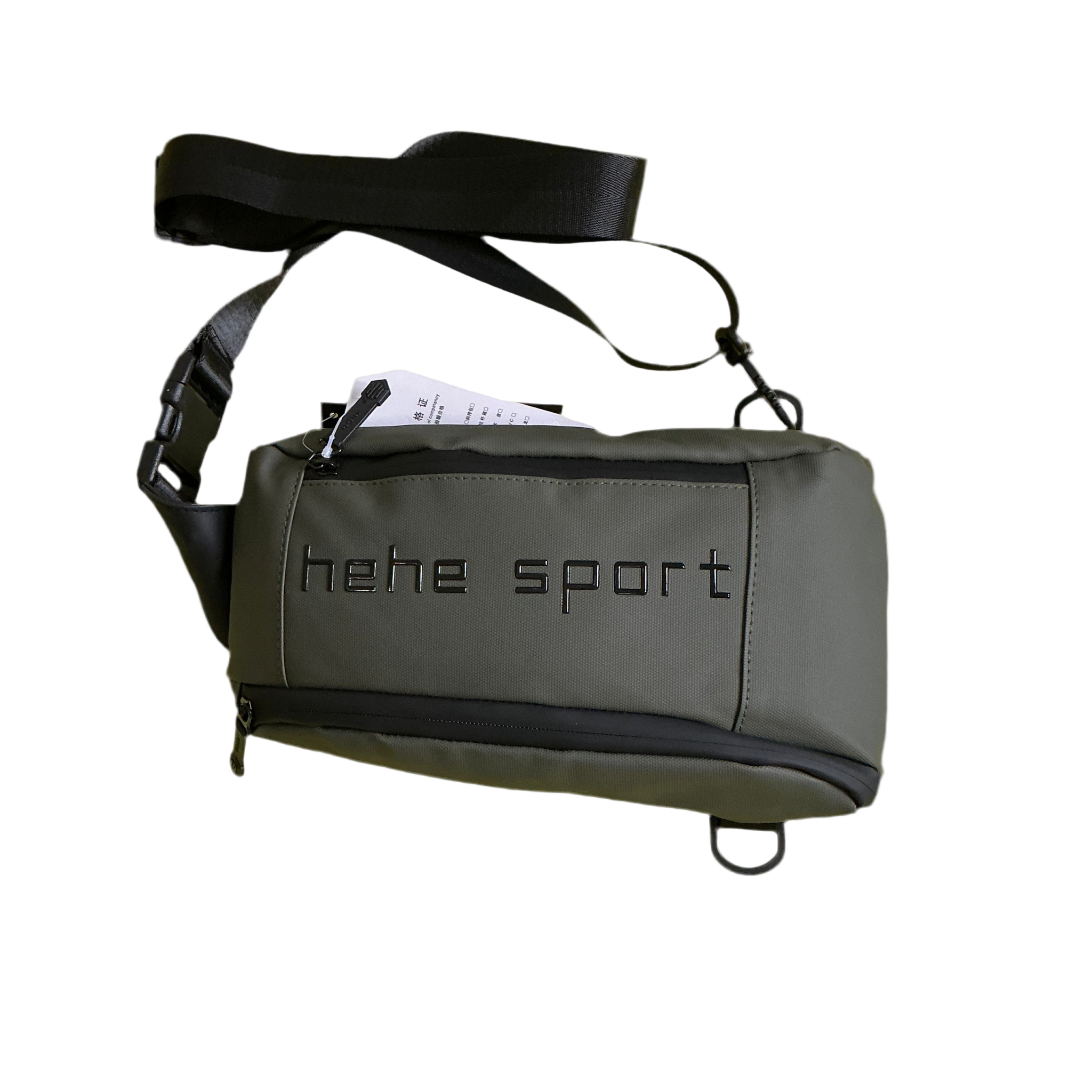 Black crossbody bag with multiple compartments and the brand 'hehe sport' printed on the front.