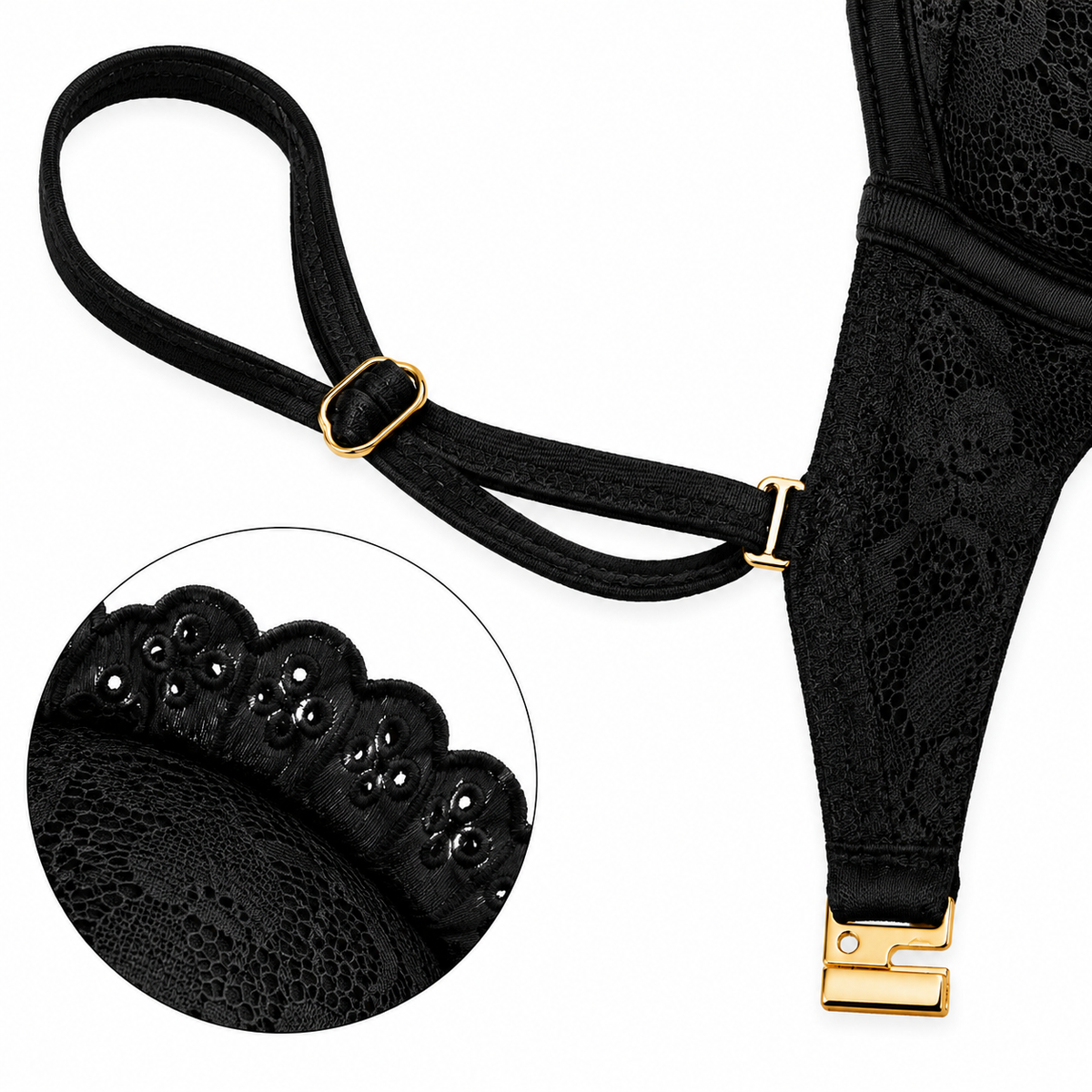 Black lace bra strap detail with gold-tone metal adjusters and a circular inset showing the scalloped lace edge with small embellishments, on a white background.