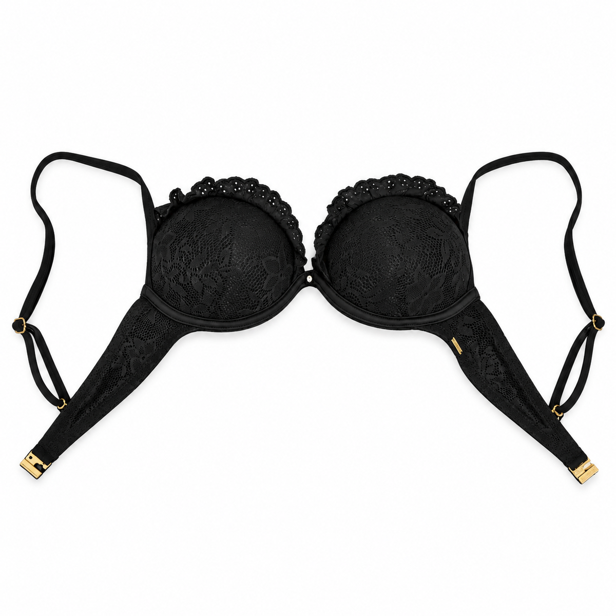 Black lace underwire bra with gold-tone metal adjusters on the straps, displayed flat against a white background.