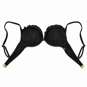 Black lace underwire bra with gold-tone metal adjusters on the straps, displayed flat against a white background.