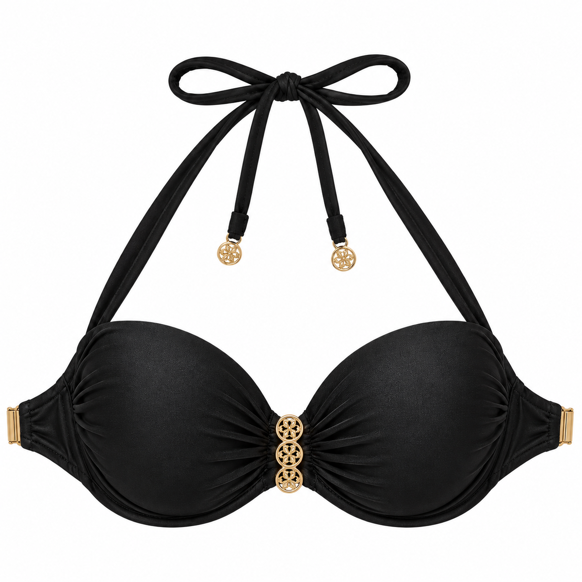 Women's black bandeau halter bikini top with gold-tone center accents