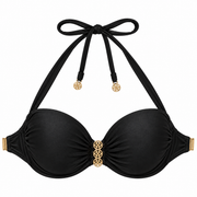 Women's black bandeau halter bikini top with gold-tone center accents