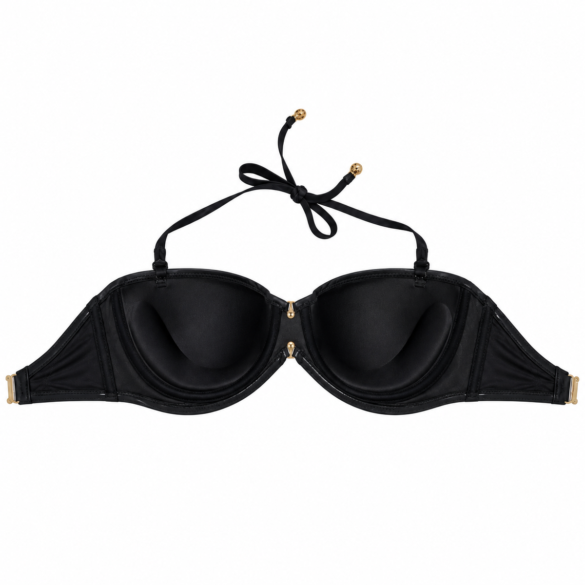 Censored black bandeau bikini top showing shaped inner cups and back clasp