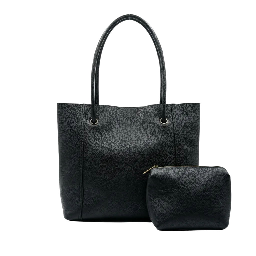 Black leather tote bag with matching pouch on a white background