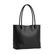 Black leather tote bag on a light gray background