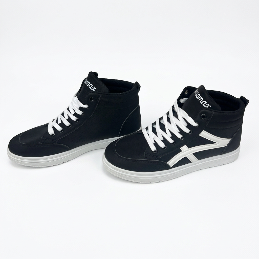 Men's black high-top sneakers with white side stripes, white laces and contrasting sole