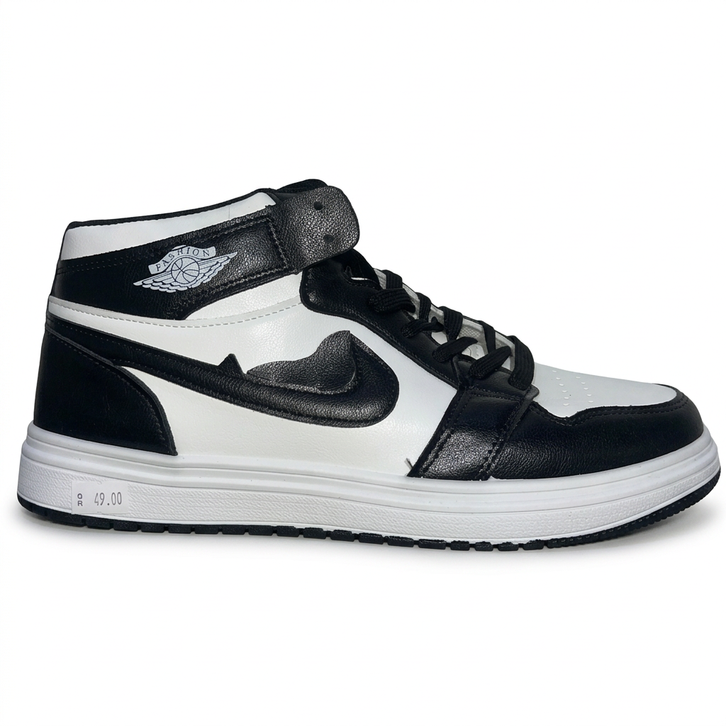 Men's black high-top sneakers with contrasting panels and sporty streetwear styling