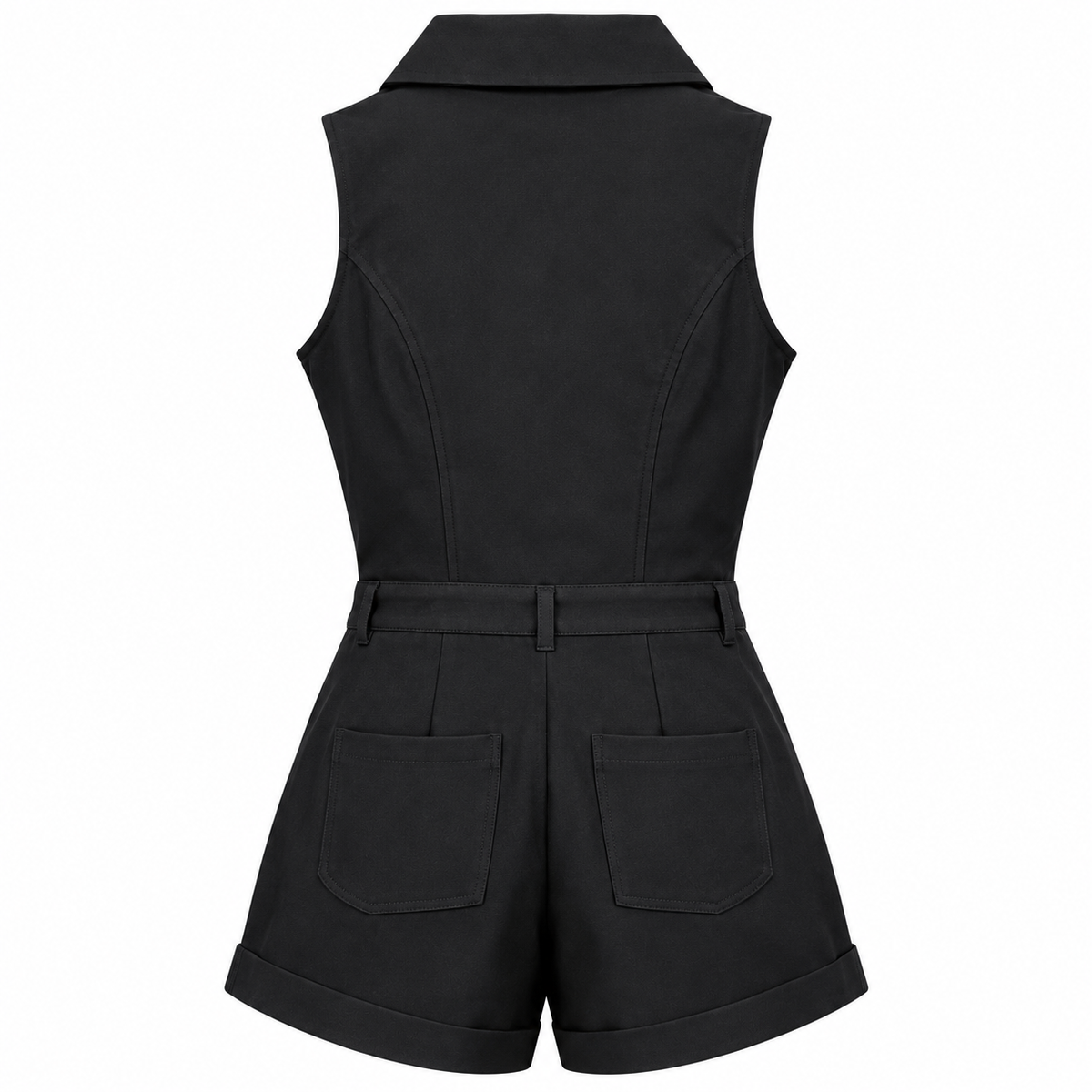 Back view of women's black tailored playsuit showing sleeveless design, shaped waist and two back pockets