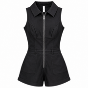 Women's black sleeveless tailored playsuit with pointed collar, silver-tone front zipper and patch pockets
