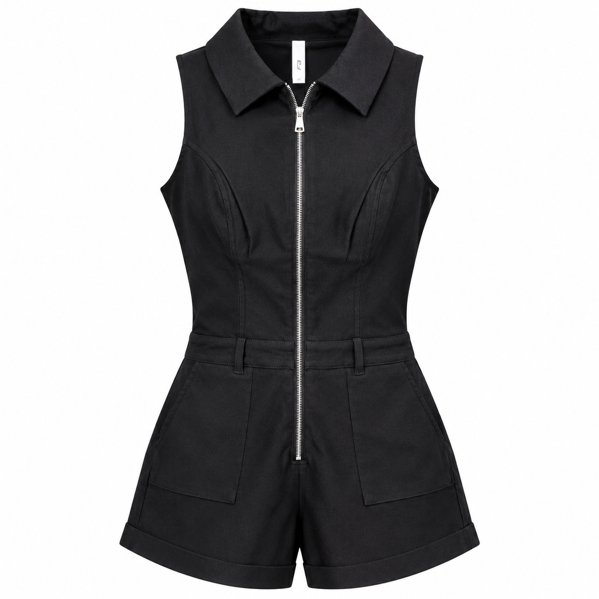 Women's black sleeveless tailored playsuit with pointed collar, silver-tone front zipper and patch pockets