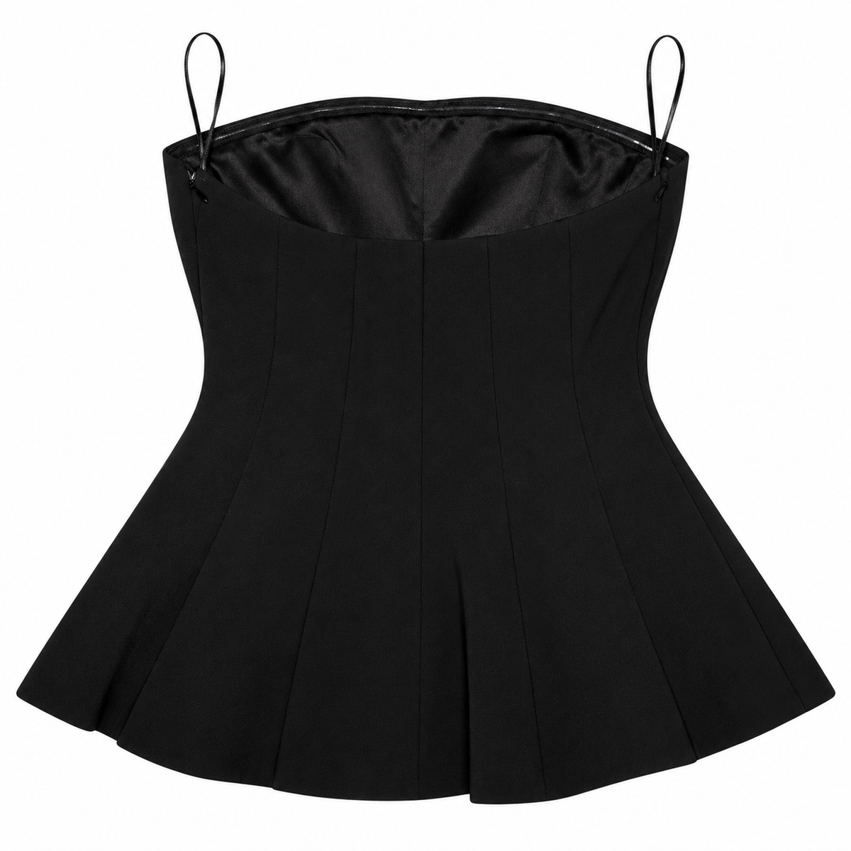 Back view of women's black strapless mini dress with fitted waist and flared silhouette