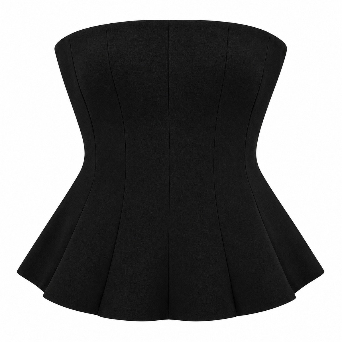 Women's black strapless mini dress with fitted bodice and flared skirt, front view