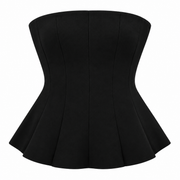 Women's black strapless mini dress with fitted bodice and flared skirt, front view