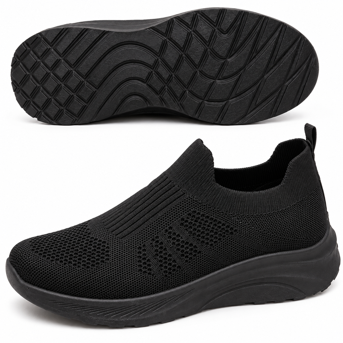 Women’s Black Knit Slip-On Sneakers – Lightweight Casual Walking Shoes