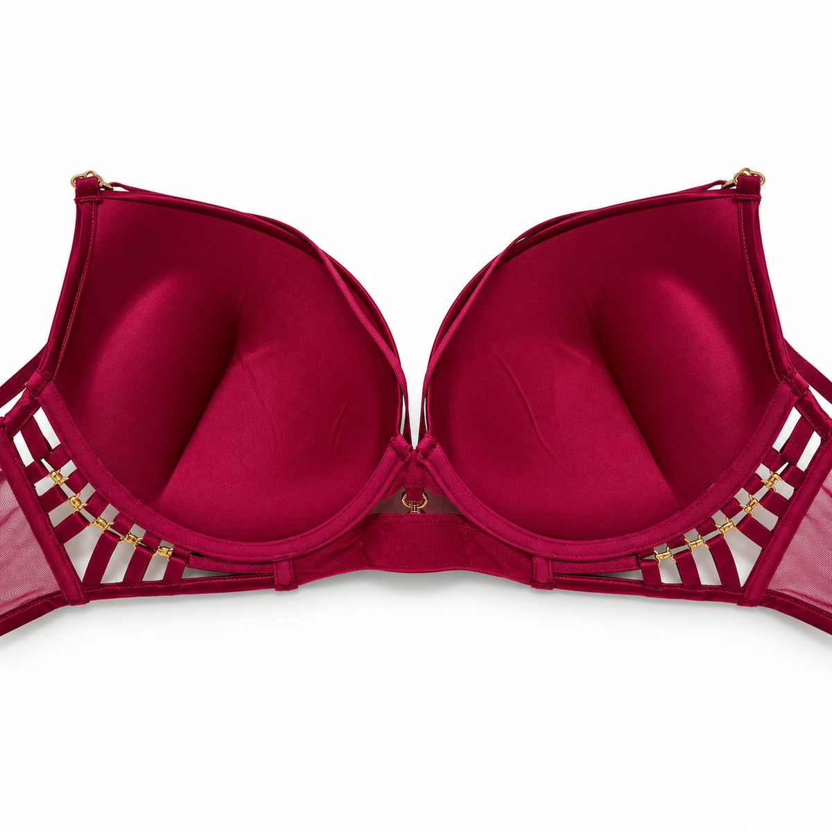 Women's Burgundy Strappy Push-Up Bra with Gold Accents