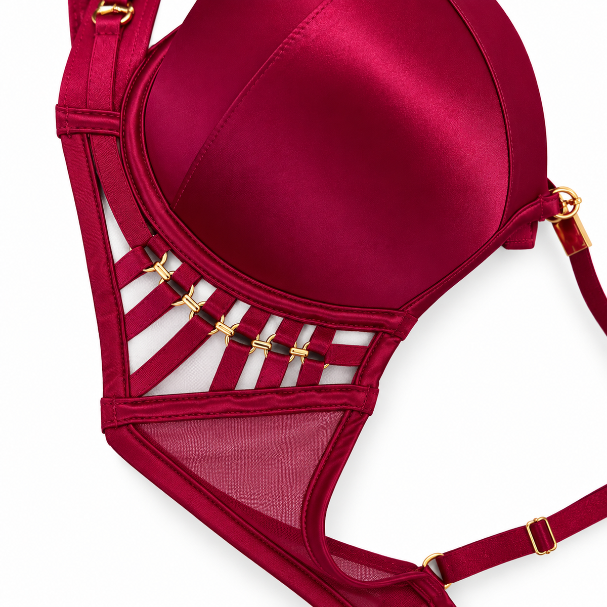 Women's Burgundy Strappy Push-Up Bra with Gold Accents