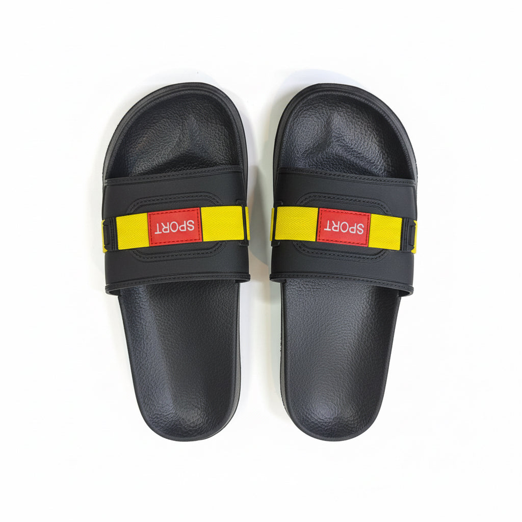 Black slides with colorful strap on a white background