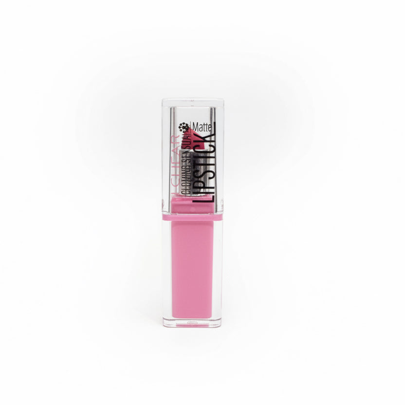Pink lipstick with clear casing on a white background