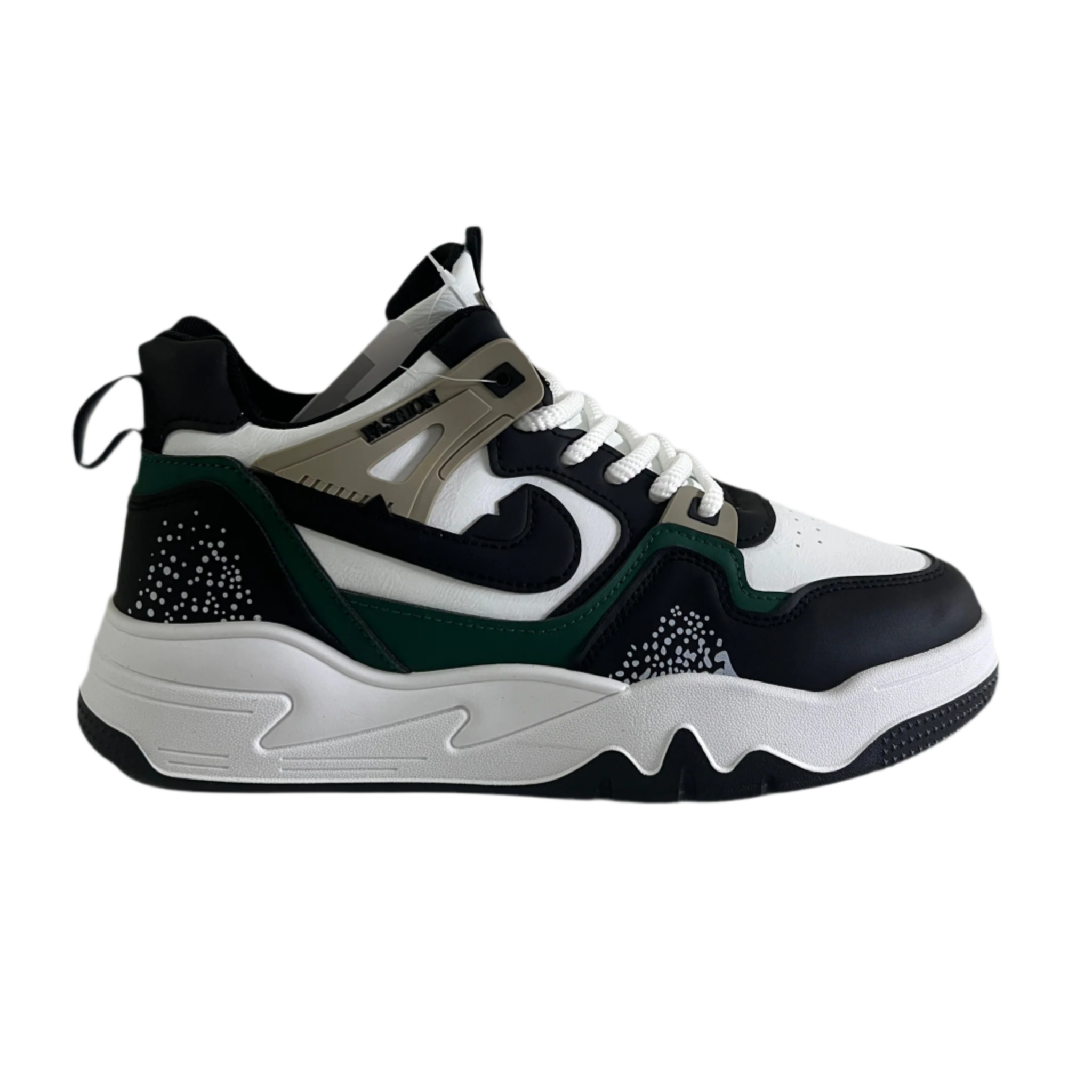 Black, white, and green sneaker on a white background