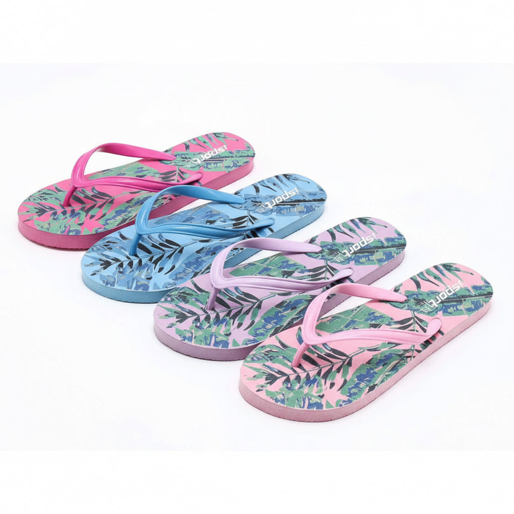 Colorful flip-flops with floral pattern on a white background, featuring the brand 'Water Fish'.