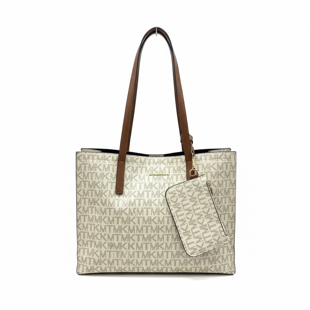 Beige handbag with brown handle and matching pouch on a white background