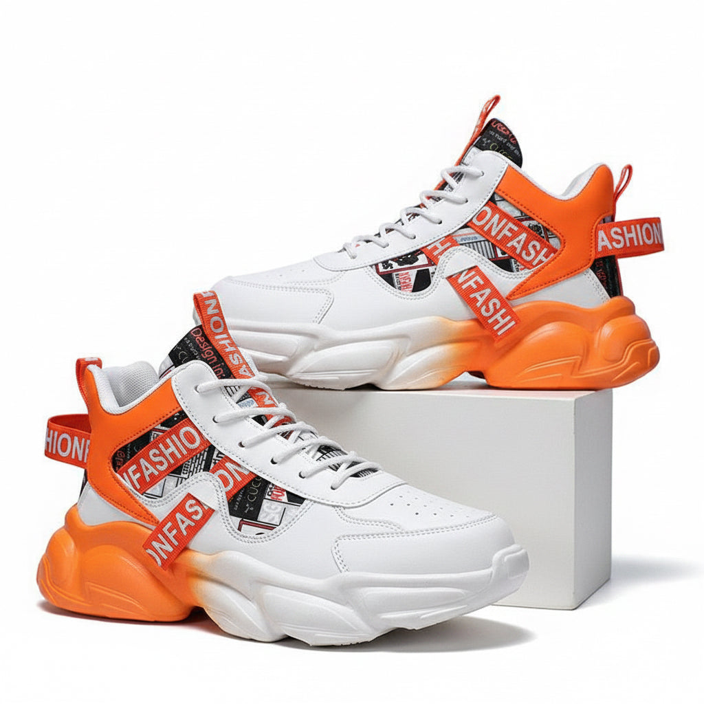 White sneakers with orange and red accents on a tiled floor background