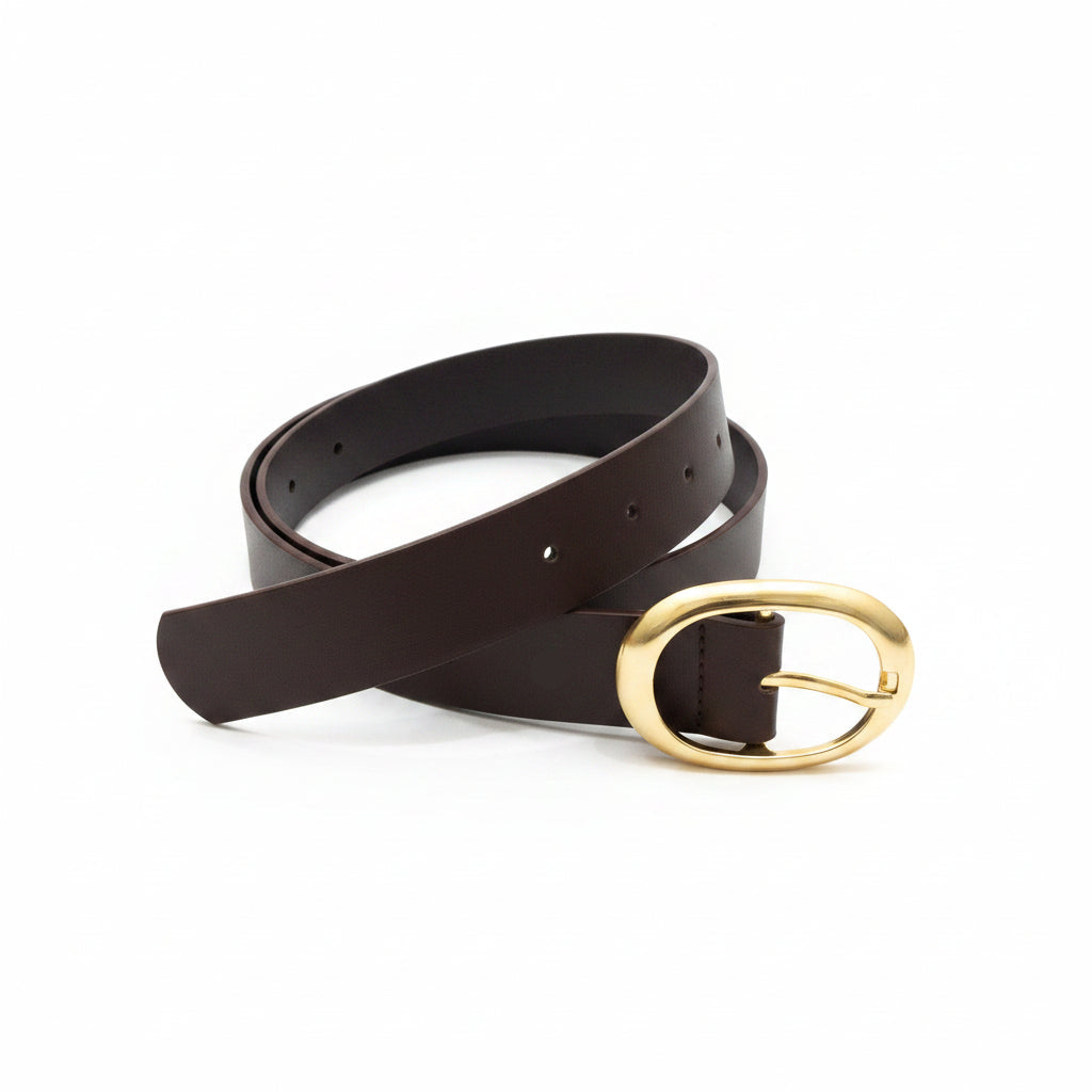 Brown leather belt with a gold buckle on a white background
