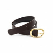 Brown leather belt with a gold buckle on a white background