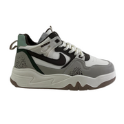 Gray and black sneaker with Nike logo on a white background