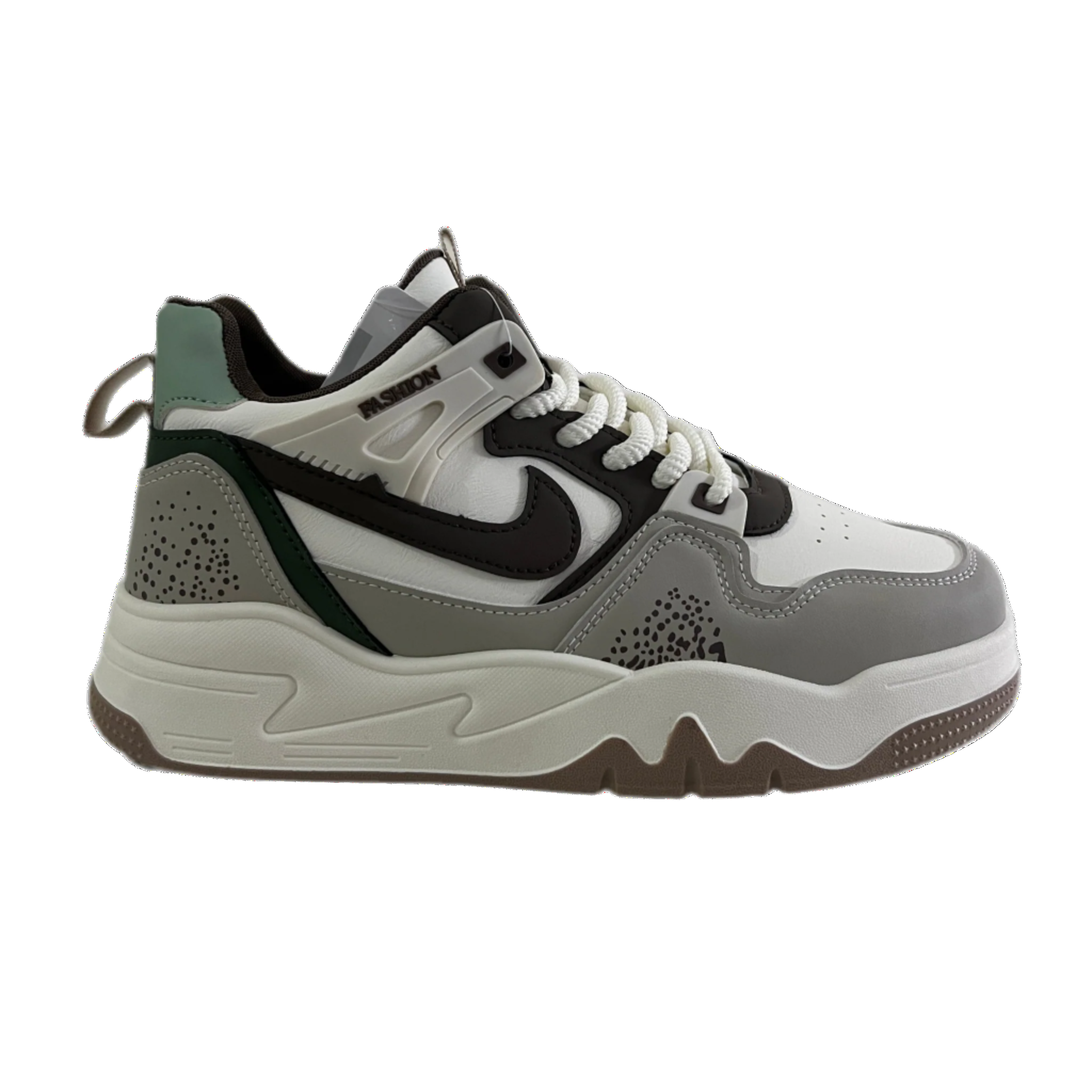 Gray and black sneaker with Nike logo on a white background