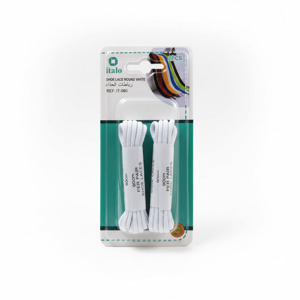 Packaged white shoelaces with 'italo' branding on a white background
