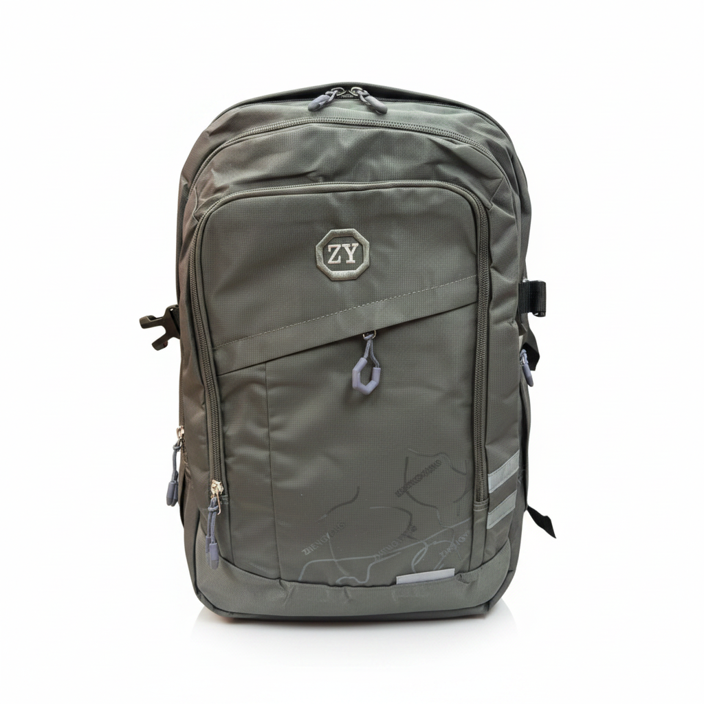 Gray backpack with a visible brand logo on a white background