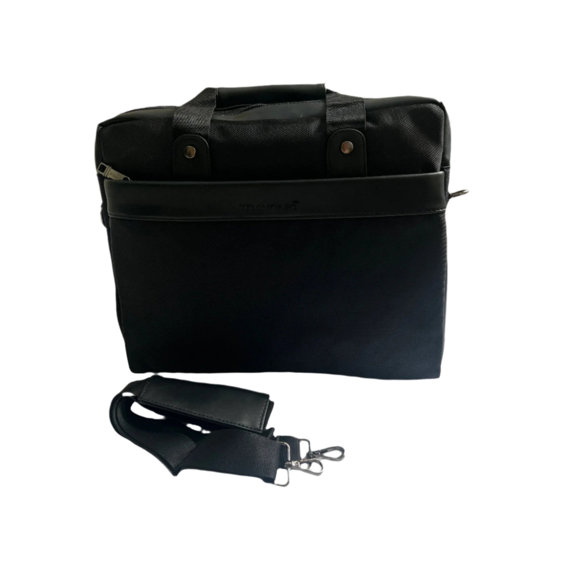 Black shoulder bag with a strap on a light gray background