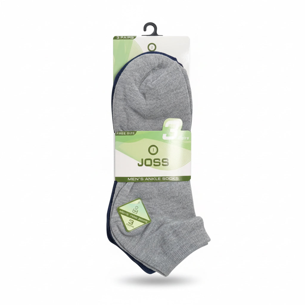 3 pair ankle socks multi color with ' Joss' branding held in a store setting.