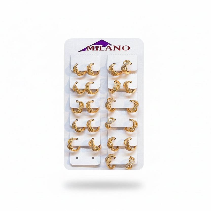 Pack of gold earrings on a white background with 'Milano' branding.