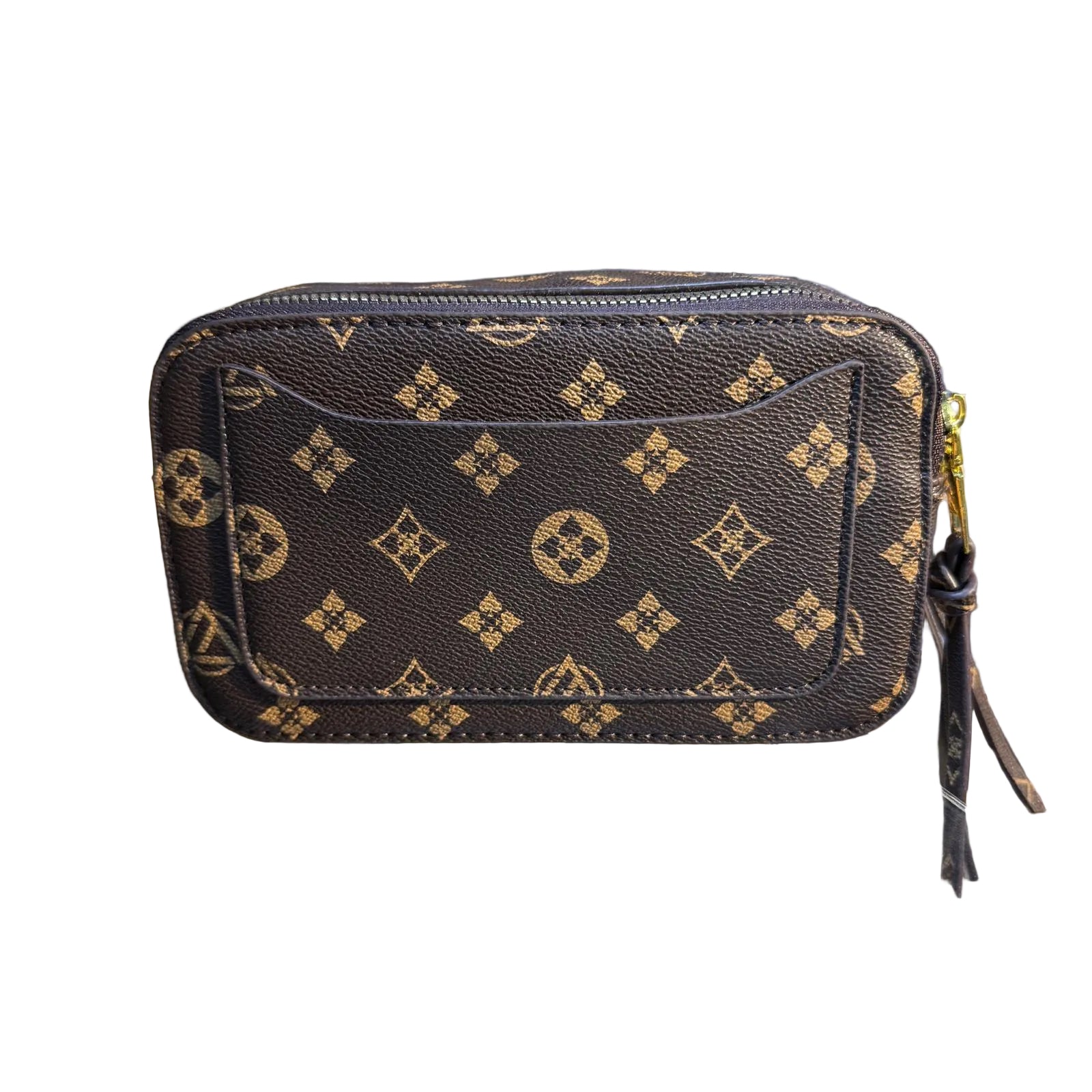 Designer handbag with monogram pattern on a glass surface
