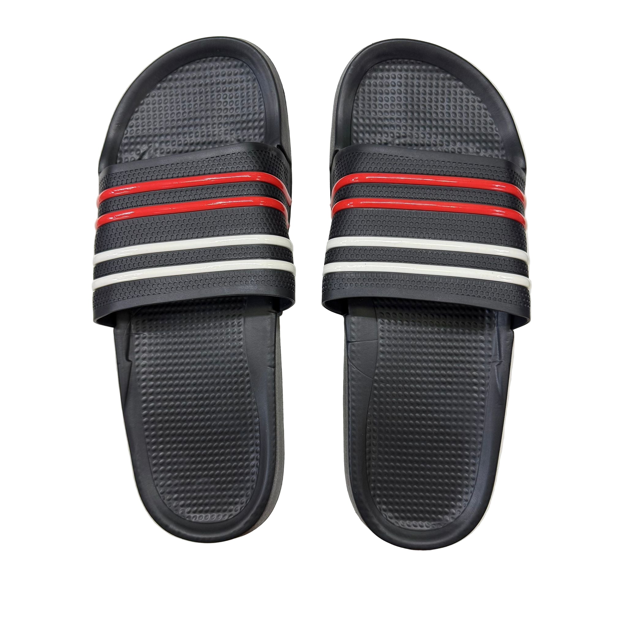 Black slides with red and white stripes on a white background