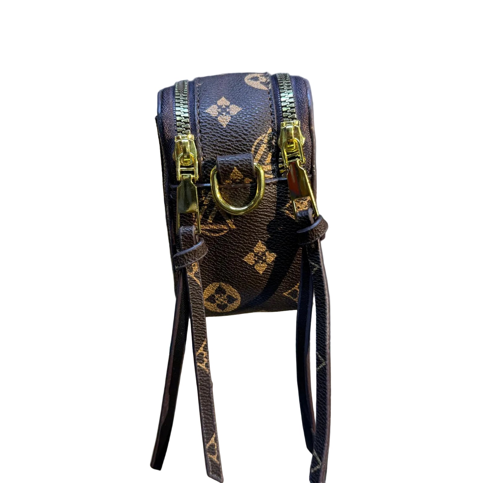 Designer handbag with monogram pattern on a white background
