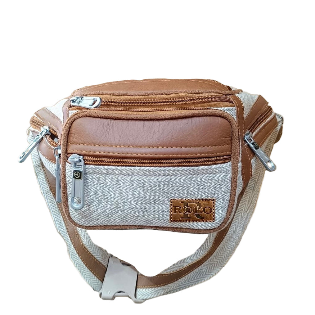 Brown and beige waist bag with zippers on a white background, featuring the brand 'R'.