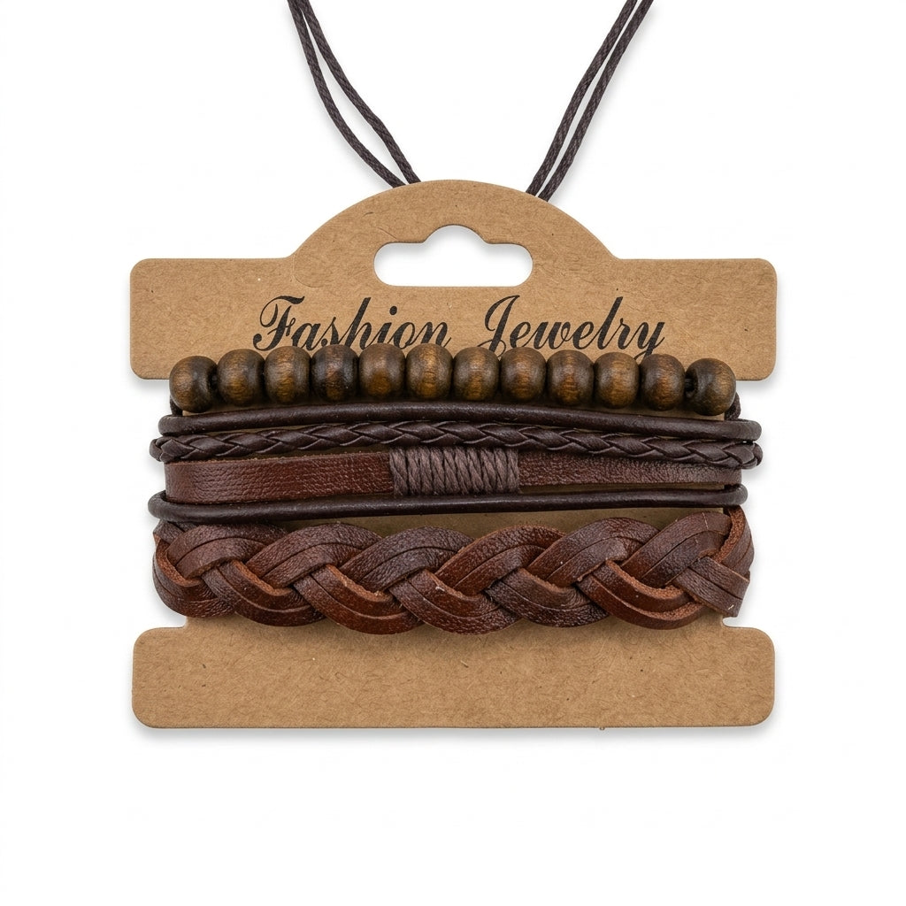 Multi-Strand Braided Leather and Wooden Bead Bracelet Set